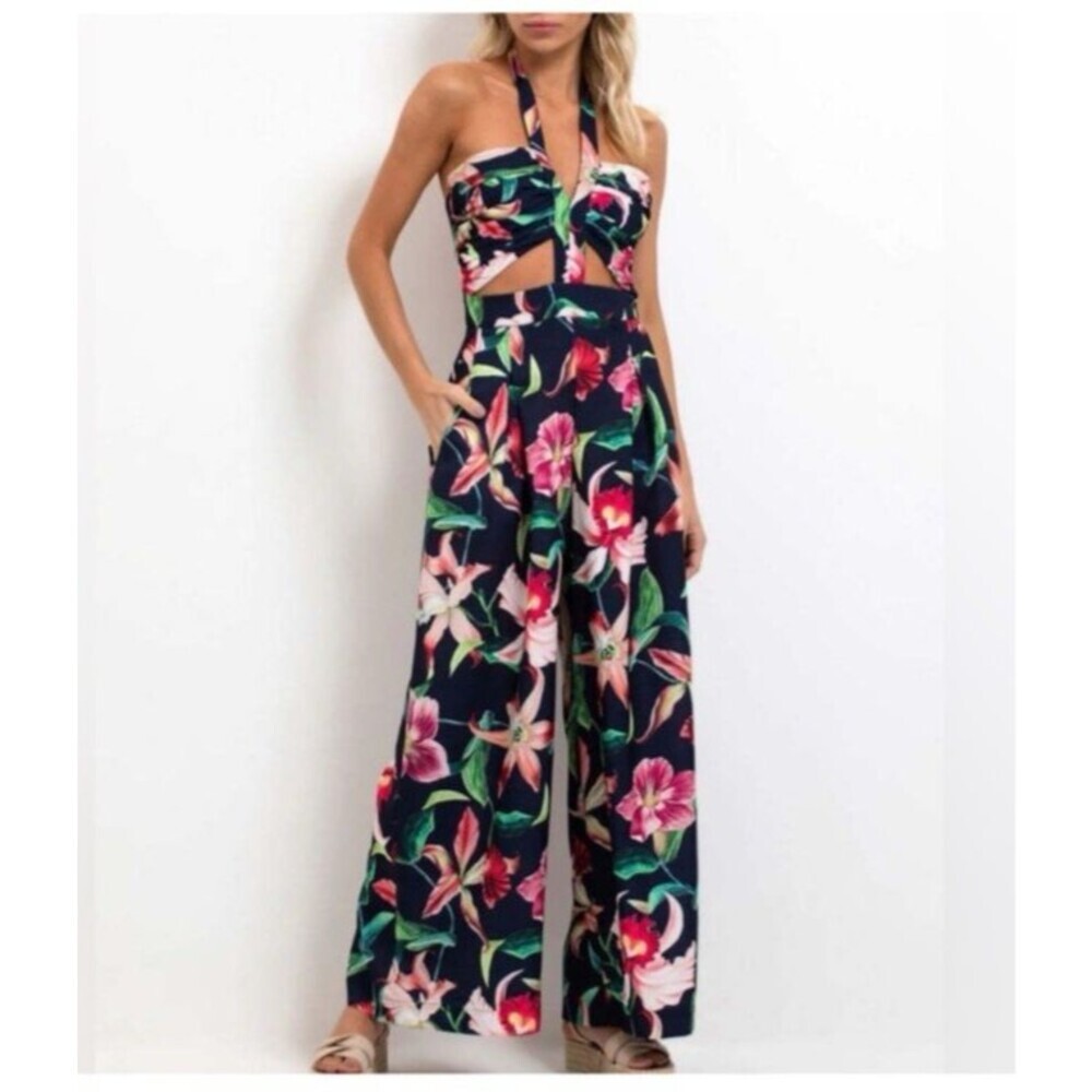PatBO Laelia Cut-Out Jumpsuit Wide Leg Floral Blue Print Tropical Womens Size 10